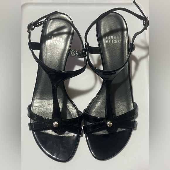 Stuart Weitzman Black Strappy Patent Leather Sandals Heels, Sz 7M - Picture 3 of 12